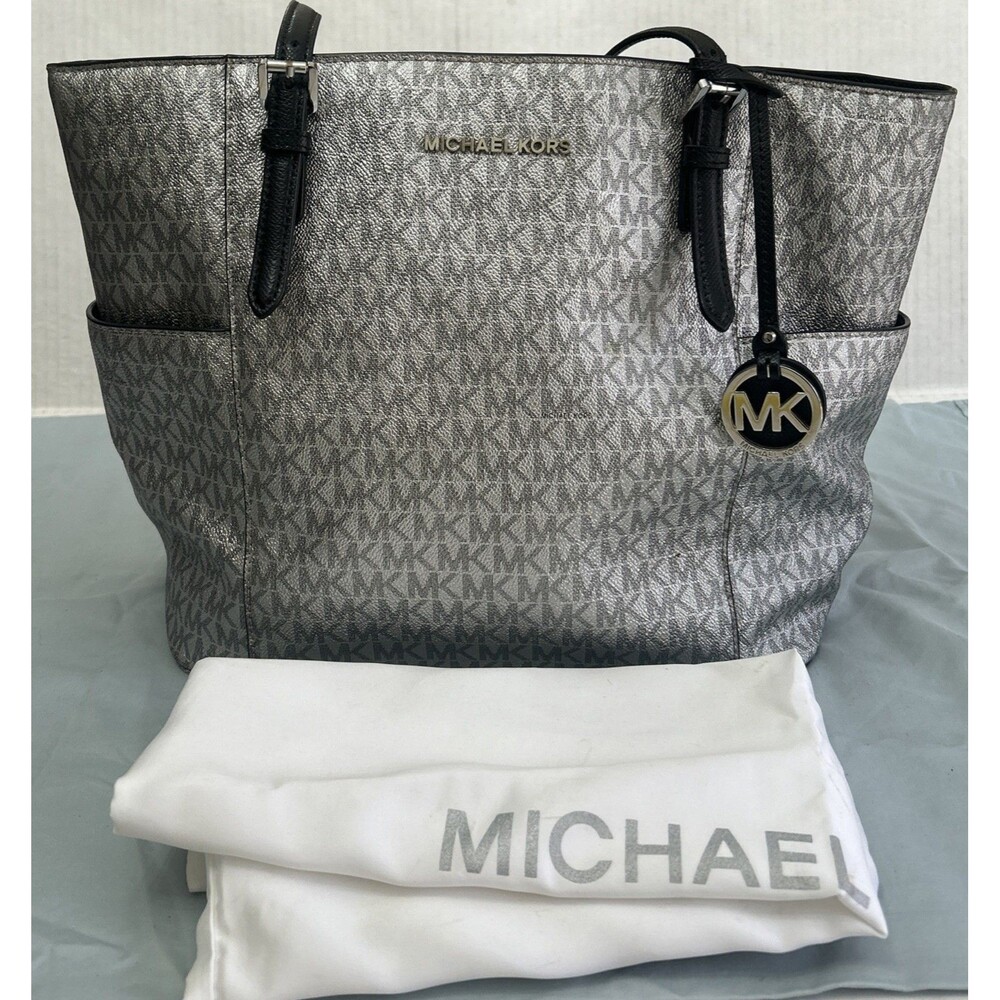 Michael Kors Metallic Silver Logo Coated Canvas Triple Compartment Tote Bag
